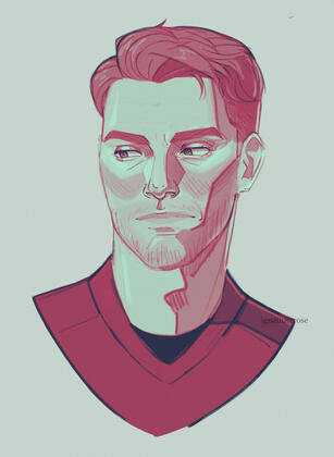 Digital sketch of bsky user greggssausageroll's Star Trek oc, Commander Shane Bechtel. He has short hair and wears a red SNW uniform. He has an expression of visible disdain, eyes looking off to the side. Red-teal gradient.