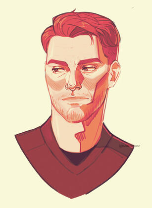 Digital sketch of bsky user greggssausageroll's Star Trek oc, Commander Shane Bechtel. He has short hair and wears a red SNW uniform. He has an expression of visible disdain, eyes looking off to the side. Red-light yellow gradient.