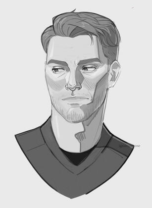 Digital sketch of bsky user greggssausageroll's Star Trek oc, Commander Shane Bechtel. He has short hair and wears a red SNW uniform. He has an expression of visible disdain, eyes looking off to the side. Monochromatic.