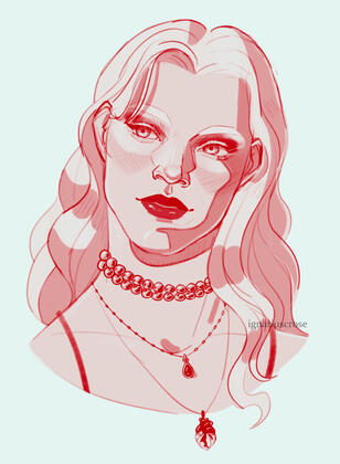 Digital drawing of bsky user khasemeava's oc, Cat. She is a vampire woman with white hair wearing a pear necklace, a gem necklace, and a necklace with a heart charm on it. Her head is tilted, and she is looking off to the side. Cool red and white gradient.