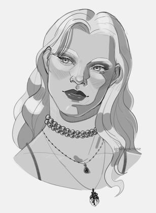 Digital drawing of bluesky user khasemeava's oc, Cat. She is a vampire woman with white hair wearing a pear necklace, a gem necklace, and a necklace with a heart charm on it. Her head is tilted, and she is looking off to the side. Monochromatic.