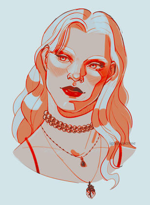 Digital drawing of bsky user khasemeava's oc, Cat. She is a vampire woman with white hair wearing a pear necklace, a gem necklace, and a necklace with a heart charm on it. Her head is tilted, and she is looking off to the side. Red and cool white gradient.