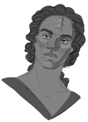 Digital sketch of my own Star Trek OC, Udessa. She is a half-Klingon/half-human with wavy pulled-back hair. Monochromatic.