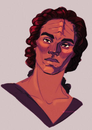 Digital sketch of my own Star Trek OC, Udessa. She is a half-Klingon/half-human with wavy pulled-back hair. Red-purple-yellow gradient.