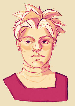 Digital sketch of my own Dragon Ball Xenoverse 2 player character, Lemona. She has short spiky hair and is looking off elsewhere with a content expression. Pink-yellow gradient.