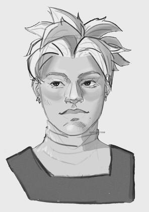 Digital sketch of my own Dragon Ball Xenoverse 2 player character, Lemona. She has short spiky hair and is looking off elsewhere with a content expression. Monochromatic.