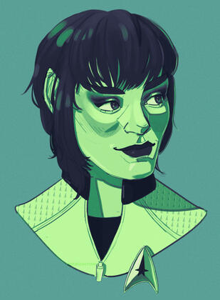 Digital sketch illustration for dartharzenal.bsky.social of a Vulcan OC. She has short-medium dual-colored hair, dark makeup, and is looking off to her left with a small smile. Colored with a navy and green gradient.