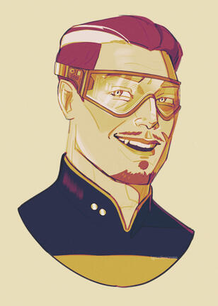 A digital sketch illustration for jfsculpts.bsky.social of a Star Trek vampire Starfleet officer. He has dark hair with a white stripe, pointy teeth, bright eyes, and pointed ears. He grins, with futuristic glasses. Yellow and purple gradient.