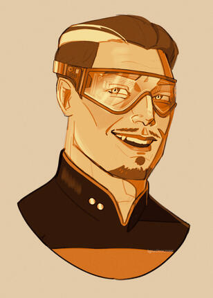 A digital sketch illustration for jfsculpts.bsky.social of a Star Trek vampire security officer. He has dark hair with a white stripe, pointy teeth, bright eyes, and pointed ears. He grins, with futuristic glasses. Yellow gradient.