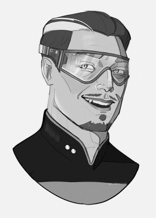 Digital sketch illustration for dartharzenal.bsky.social of a Vulcan OC. She has short-medium dual-colored hair, dark makeup, and is looking off to her left with a small smile. Black and white.