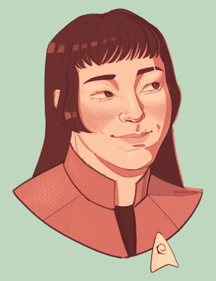 A digital sketch of greggssausageroll.bsky.social's Star Trek oc, Firis Corsixer. She has long dark hair in a hime cut, and wears a red SNW uniform. She has a gentle smile and is looking off to her left. Red gradient on green background.