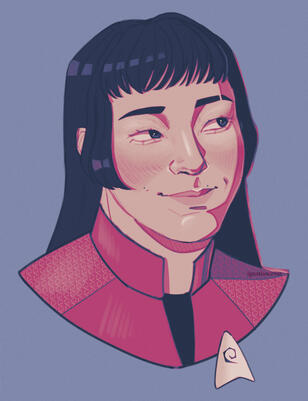 A digital sketch of greggssausageroll.bsky.social's Star Trek oc, Firis Corsixer. She has long dark hair in a hime cut, and wears a red SNW uniform. She has a gentle smile and is looking off to her left. Navy and red gradient.