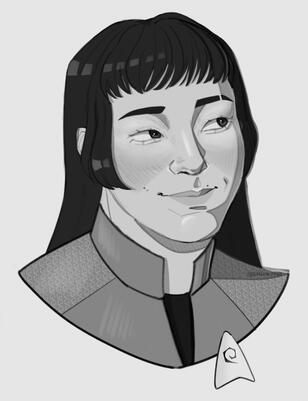 A digital sketch of greggssausageroll.bsky.social's Star Trek oc, Firis Corsixer. She has long dark hair in a hime cut, and wears a red SNW uniform. She has a gentle smile and is looking off to her left. Black and white.