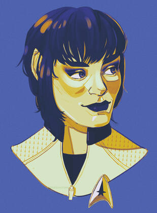 Digital sketch illustration for dartharzenal.bsky.social of a Vulcan OC. She has short-medium dual-colored hair, dark makeup, and is looking off to her left with a small smile. Colored with a blue and yellow gradient.