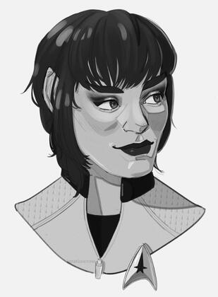 Digital sketch illustration for dartharzenal.bsky.social of a Vulcan OC. She has short-medium dual-colored hair, dark makeup, and is looking off to her left with a small smile. Black and white.